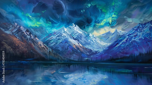 majestic mountain landscape with snowcapped peaks pristine lake and aurora borealis oil painting photo