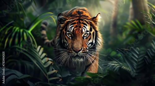 majestic tiger prowling in wild jungle realistic digital art illustration