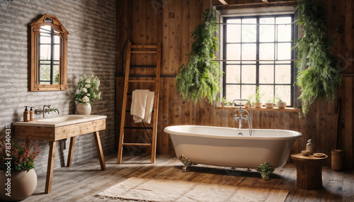 Interior of rustic bathroom with wooden walls  tiled floor and comfortable bathtub