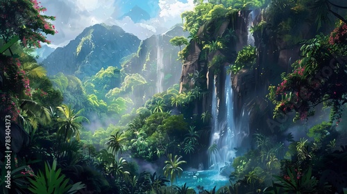 majestic waterfall cascading through lush tropical rainforest digital painting