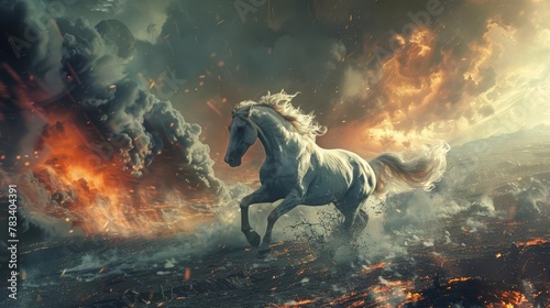 majestic white steed galloping through apocalyptic landscape revelation of biblical prophecy abstract concept illustration © Bijac