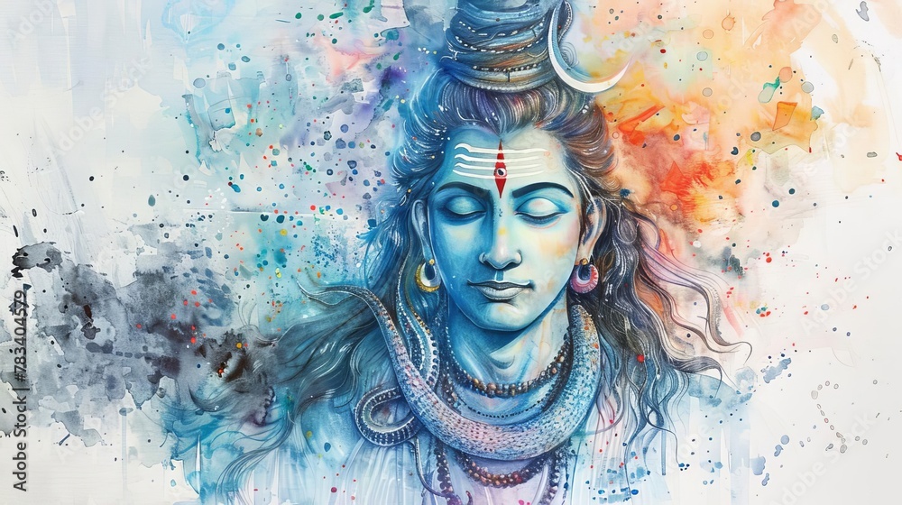 meditative lord shiva with trident surrounded by ethereal energy and sacred symbolism spiritual watercolor painting