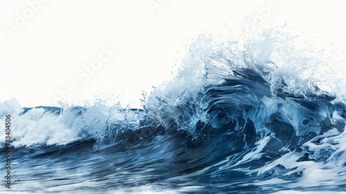 massive wave in deep ocean blue captured with dynamic motion and isolated on a white background