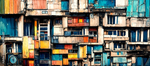 Colorful abstract of immensely dense and near claustrophobic apartment building of impoverished homes and tiny windows with very little living space. photo