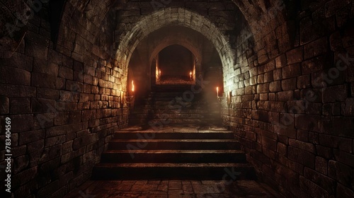 medieval castle dungeon interior ominous stone walls flickering torches dark symmetrical staircase