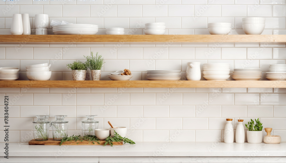 Kitchen shelves with different utensils on white brick wall background