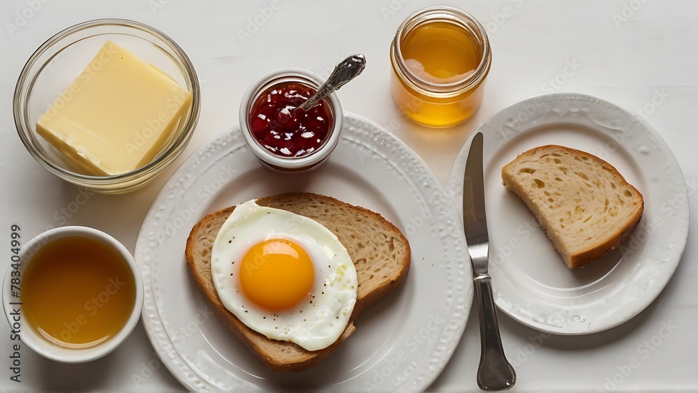 Morning Indulgence: Treating Yourself to Egg, Bread, Jam, Butter, Milk, Glass, Knife, and Honey Morning Indulgence: Treating Yourself to Egg, Bread, Jam, Butter, Milk, Glass, Knife, and Honey