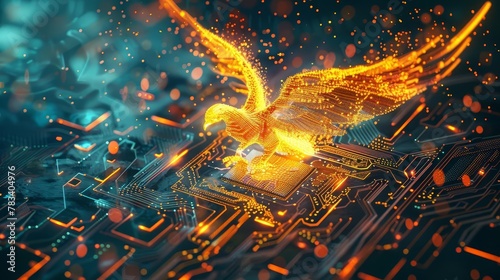 microchip transforms into fiery phoenix amidst glowing digital landscapes concept illustration photo