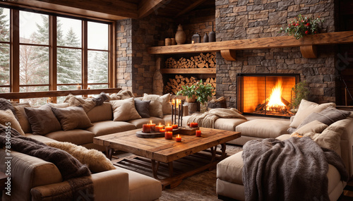 Cozy living room interior with fireplace and wooden furniture. 3d render © Graphic Dude