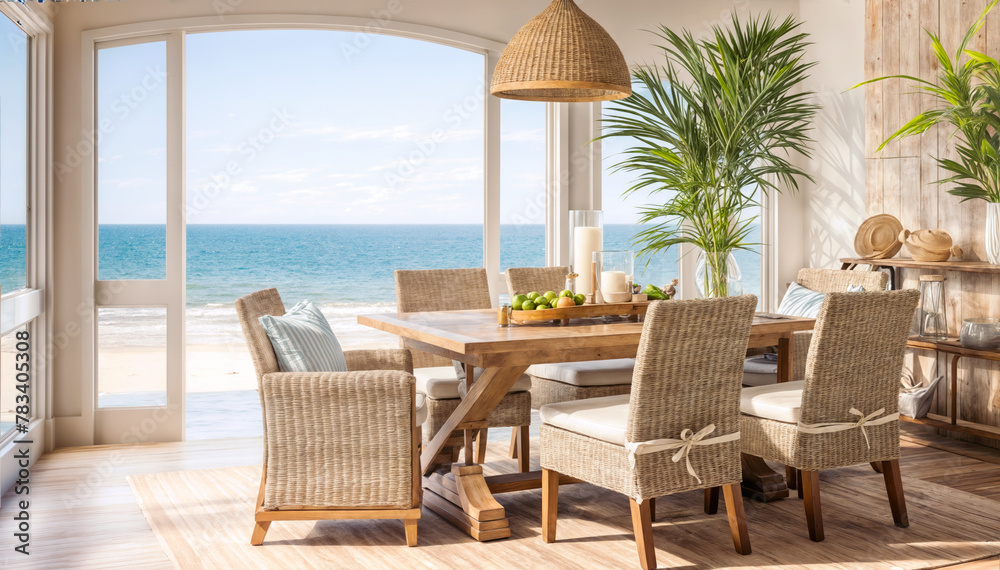 Fototapeta premium Dining room in luxury villa with sea view. 3d rendering