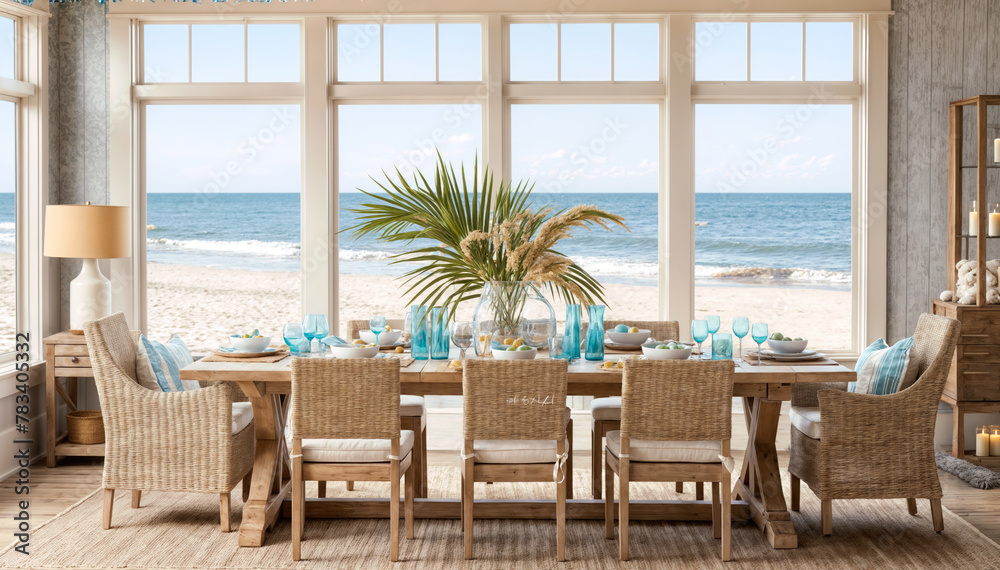 Dining room interior with sea view. 3d rendering mock up