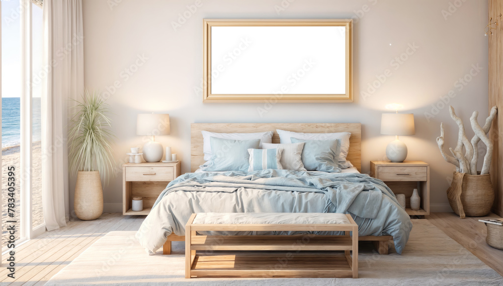 3d rendering of a bedroom interior with sea view on the background