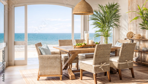 Dining room in luxury villa with sea view. 3d rendering