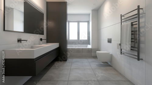 Bathroom interior with white walls and a floor with large-format anthracite-colored tiles. Modern and sleek bathroom featuring a black vanity, large grey tiles, ample natural light, a spacious mirror.