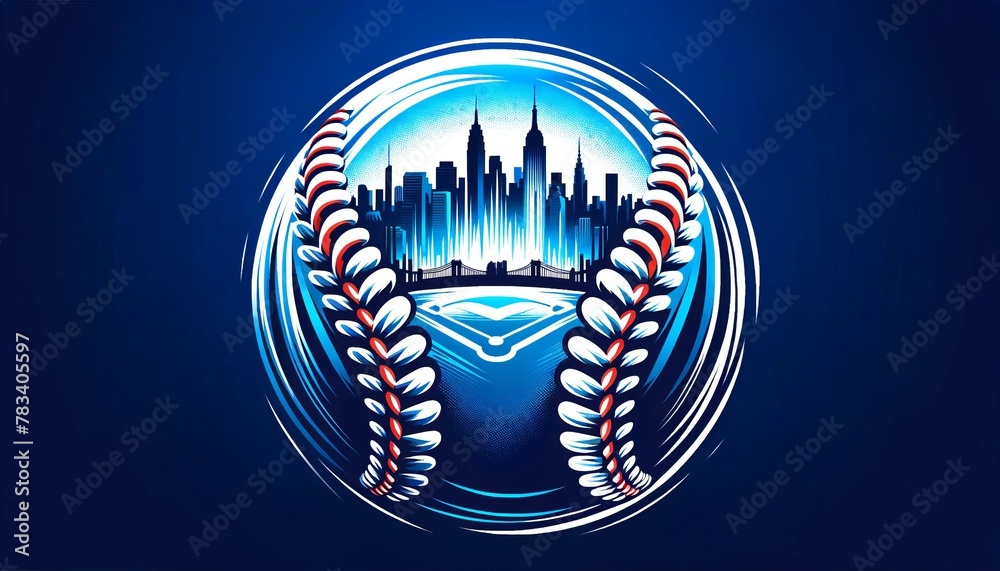 Circular Baseball Themed Logo with New York City Skyline and Baseball Seams Encircling

