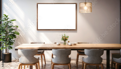 Modern dining room interior with painting on wall. 3D Rendering