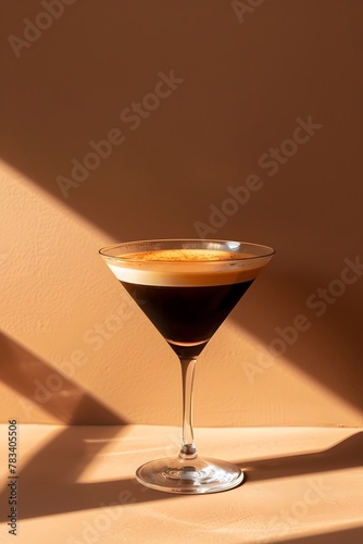 cocktail espresso martini glass alcohol liquid reflection retro cafe party poster brown background photo pop art flat lay style copy space