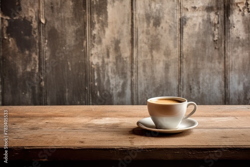 Coffee cup on vintage wooden kitchen table