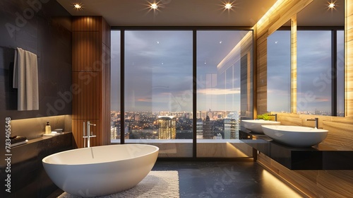 modern hotel bathroom interior with sleek fixtures panoramic window and city view 3d illustration