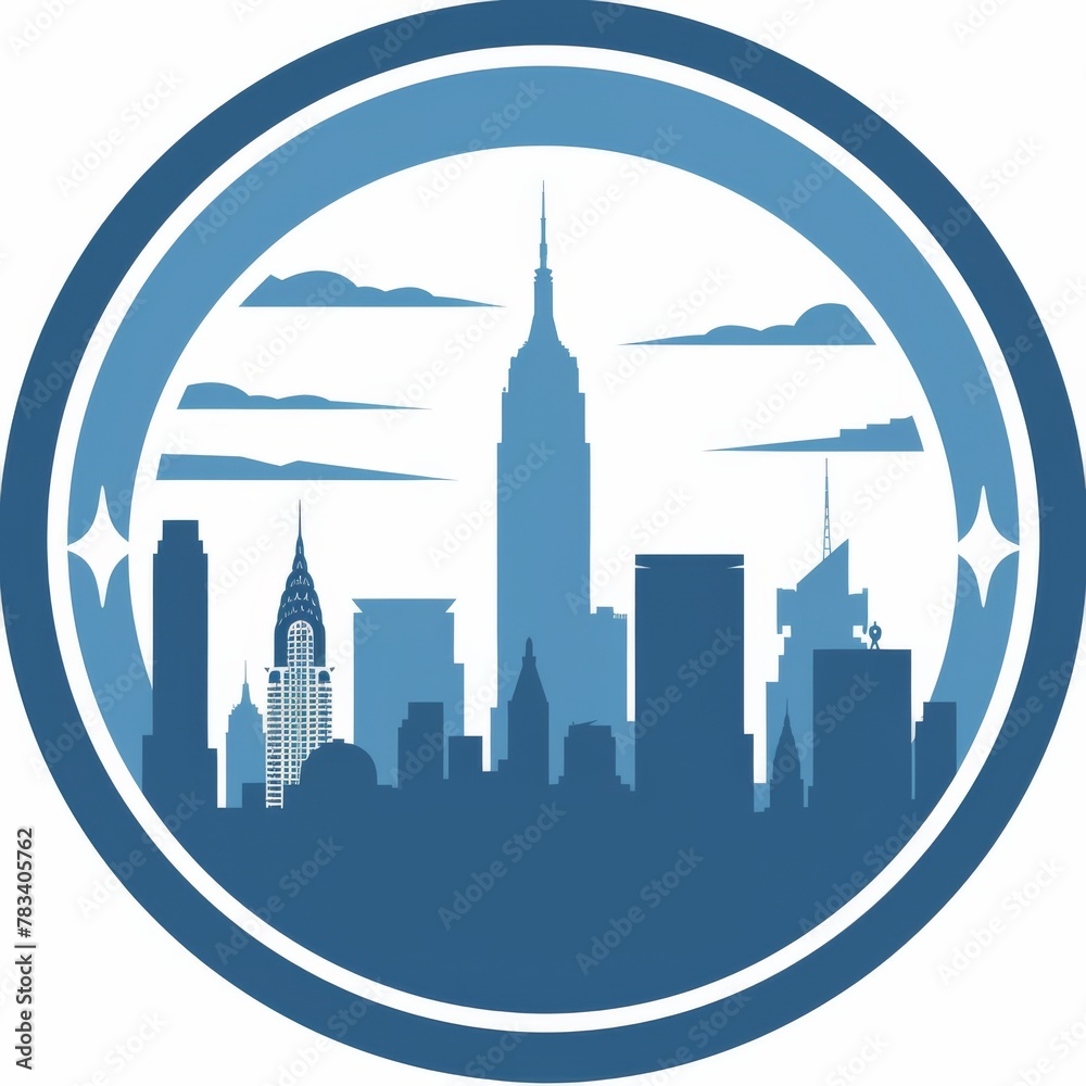 Naklejka premium Simplistic Blue and White New York City Skyline Emblem with Iconic Buildings and Clouds, Modern Urban Circle Logo Concept