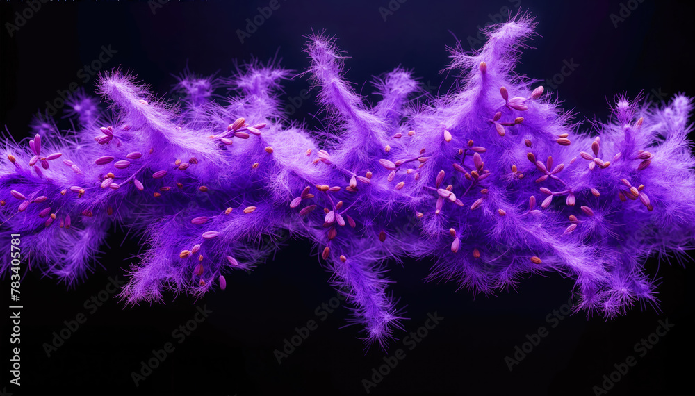 Purple feathers on a black background with space for your text. - obrazy, fototapety, plakaty 