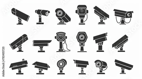 modern set of security camera icons in sleek black representing video surveillance and cctv isolated vector illustration on white background