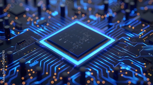 microchip semiconductor technology plug in circuit board motherboard computer with blue neon light glow glowing wires modern futuristic tech background photo