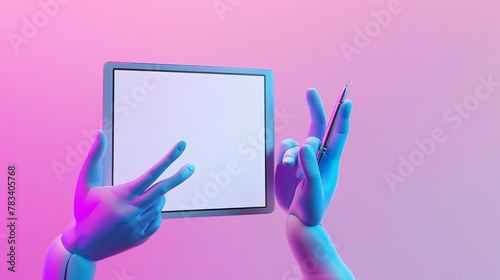 Blue mannequin hands in a 3D render holding a graphic tablet and a digital pen, with a colorful, blank screen. Concept of digital signature photo