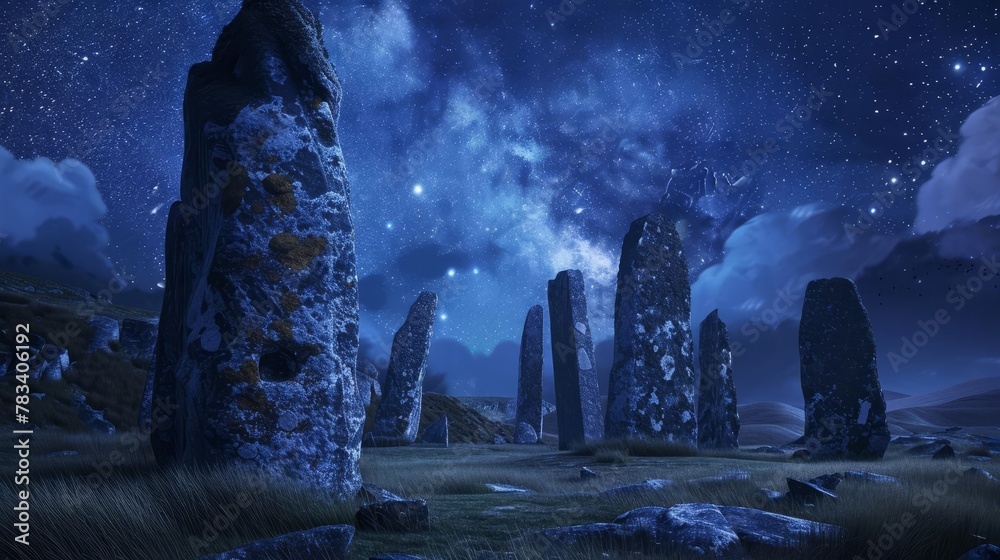 mysterious ancient stone circle under starry night sky enigmatic archaeological site digital illustration