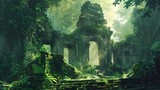 mysterious ancient ruins in a dense jungle atmospheric concept art digital painting