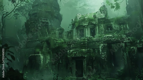 mysterious ancient ruins in a dense jungle atmospheric concept art digital painting © Bijac