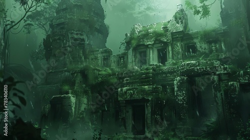 mysterious ancient ruins in a dense jungle atmospheric concept art digital painting