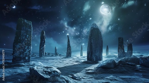 mysterious ancient stone circle under starry night sky enigmatic archaeological site digital illustration photo