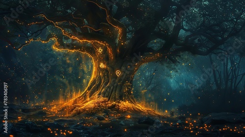 mysterious ancient tree with glowing symbols carved into its bark digital painting
