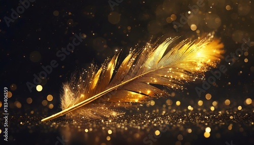 shiny single golden feather with spark of light on dark background