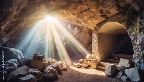 empty tomb with stone rocky cave and light rays bursting from within easter resurrection of jesus christ christianity faith religious christian easter concept