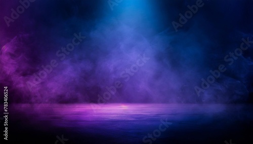 the dark stage shows empty dark blue purple pink background neon light spotlights the asphalt floor and studio room with smoke float up the interior texture for display products