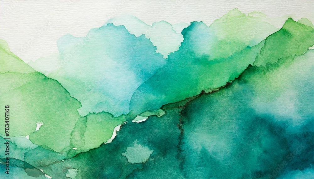 green watercolor background painting on paper texture pastel blue green colors in blotches and paint bleed design