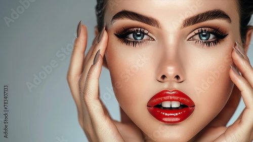 Skin Care for the Beautiful Woman s Face. woman portrait  with plump lips and long eyelashes. Cosmetics for facial treatments and manicures on hands.   Face Lift