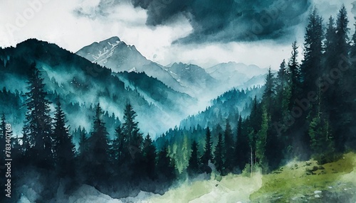 watercolor landscape of forest and mountains wild nature background © Mac