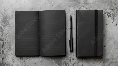 Pen and black lined notebooks, both closed and open. Isolated mockup against a concrete backdrop photo