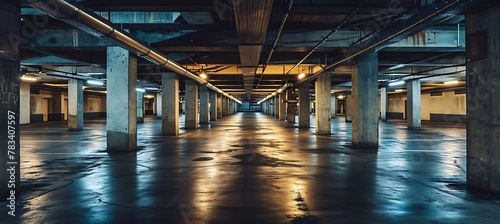 Spooky and Eerie Atmosphere in a Dimly Lit Underground Parking Lot with Empty Spaces, Evoking Feelings of Isolation and Mystery in Urban Environments at Night