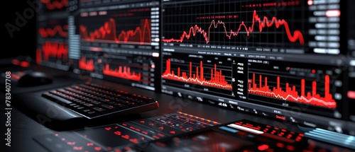 Stock market trends correlating with economic indicators, dual screen setup, analytical view photo