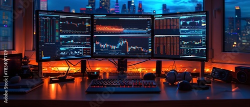 Stock market trends correlating with economic indicators, dual screen setup, analytical view photo