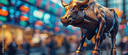 Stock exchange floor, bull statue in foreground, symbol of prosperity, sharp details photo