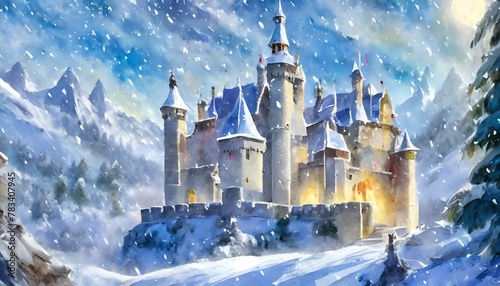 A grand medieval castle amidst a snowy landscape. The scene should capture the stark photo