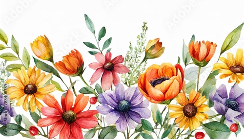 autumn meadow cute watercolor flowers horizontal border isolated on white background illustration for card border banner or your other design