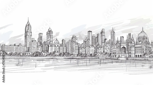 A panoramic sketch in vector art showcasing the skyline landscape of Mumbai, also known as Bombay. It highlights the characteristic buildings and monuments of the city.