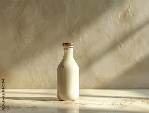 Bouteille de lait de vache en verre rétro dans une pièce blanche baignée de lumière, illustration 3D © Leopoldine