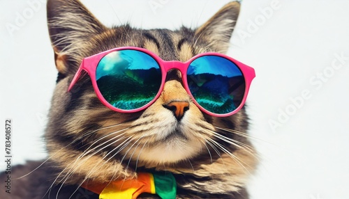 cartoon colorful cat with sunglasses on white background created with generative ai